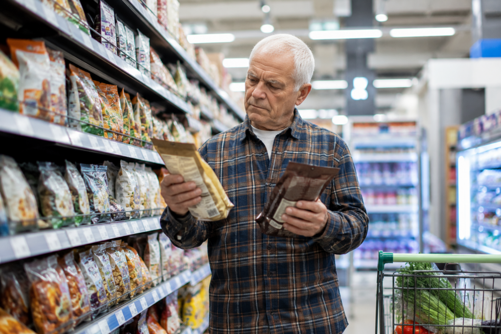 older man comparing food labels in grocery store to choose low glycemic options