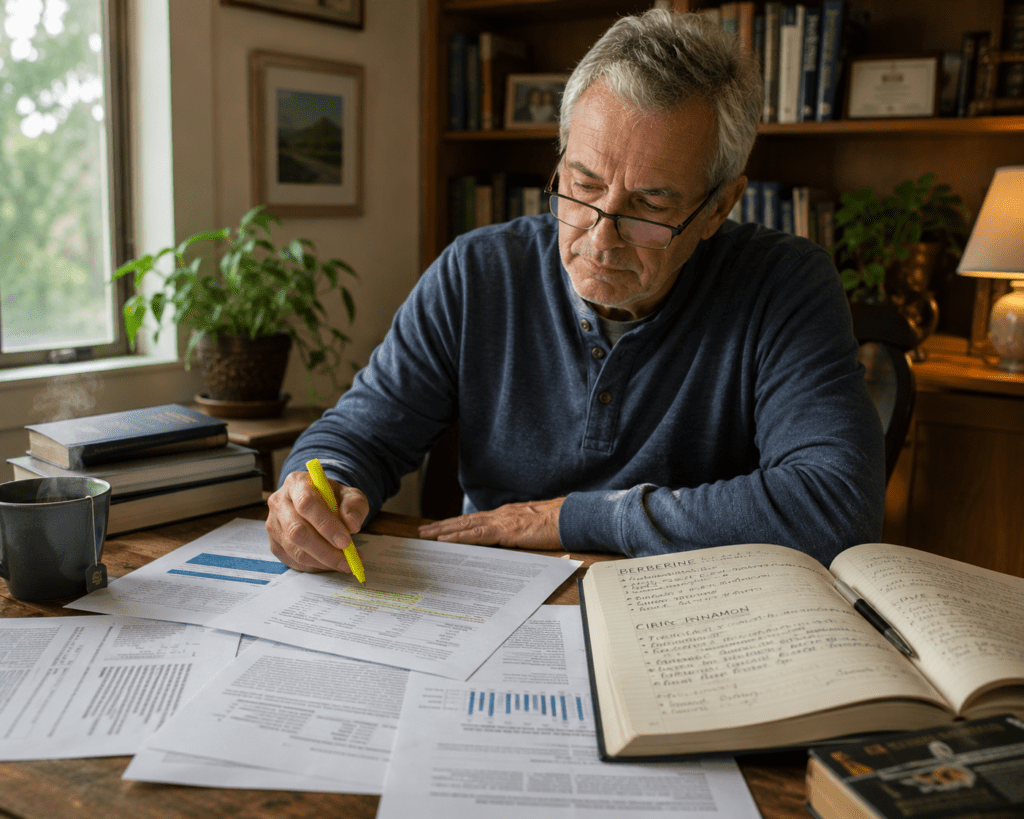 older man reviewing clinical research papers on natural blood sugar supplements at home desk