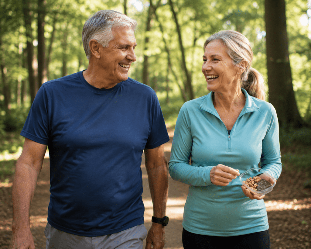 Active older couple walking outdoors managing type 2 diabetes through diet
