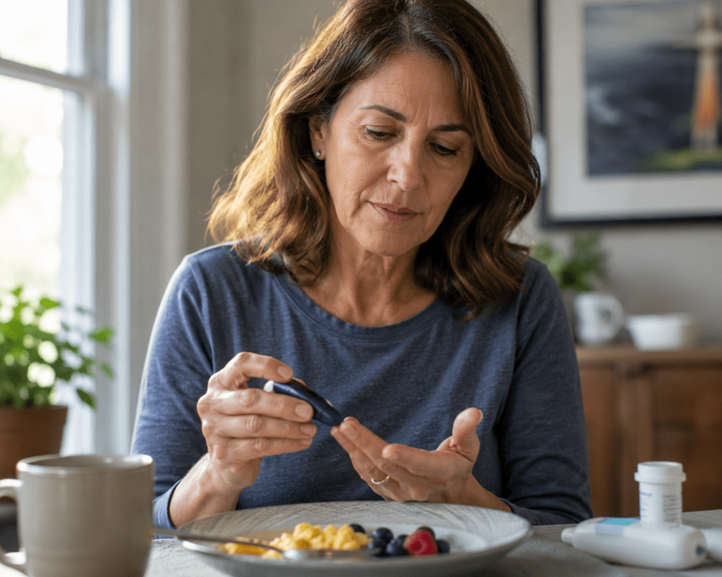 Woman in her late 50s checking blood sugar after timed morning meal
