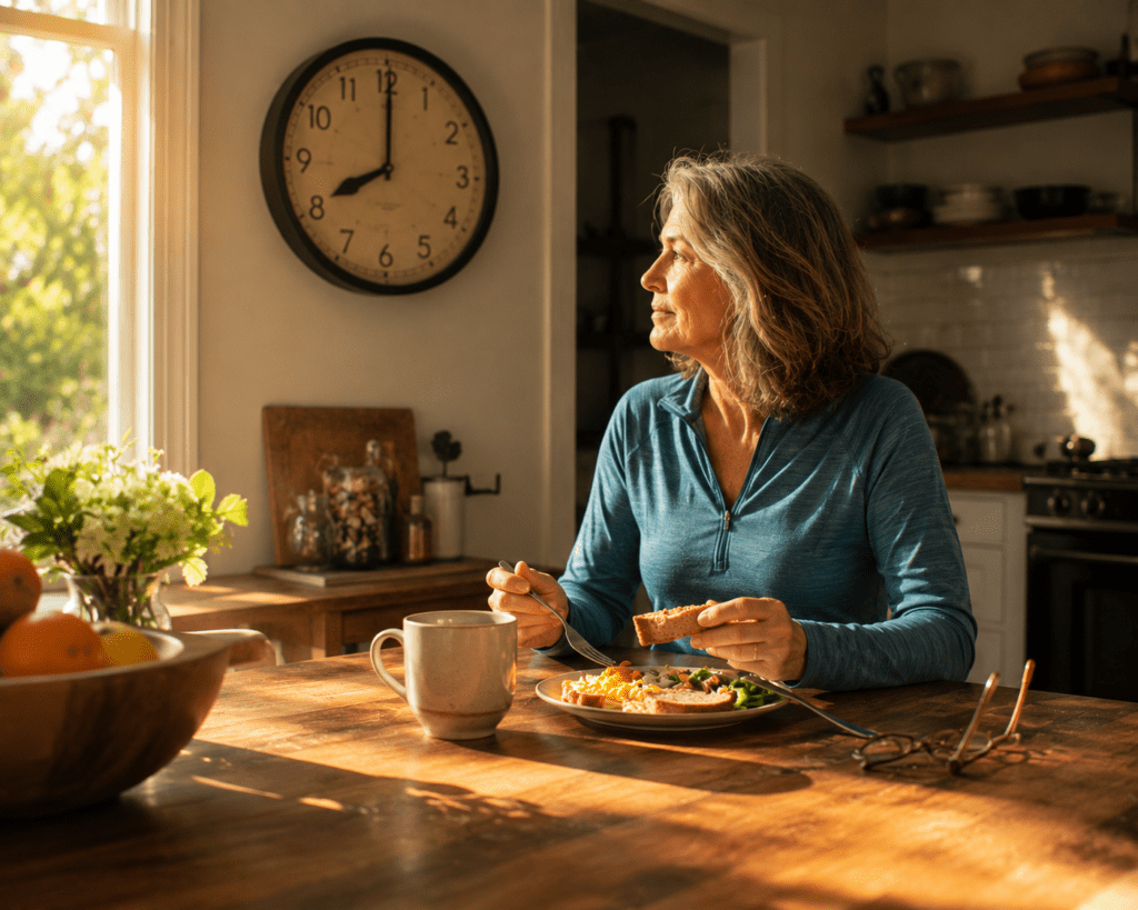 Senior man over 65 writing meal timing plan for weight loss