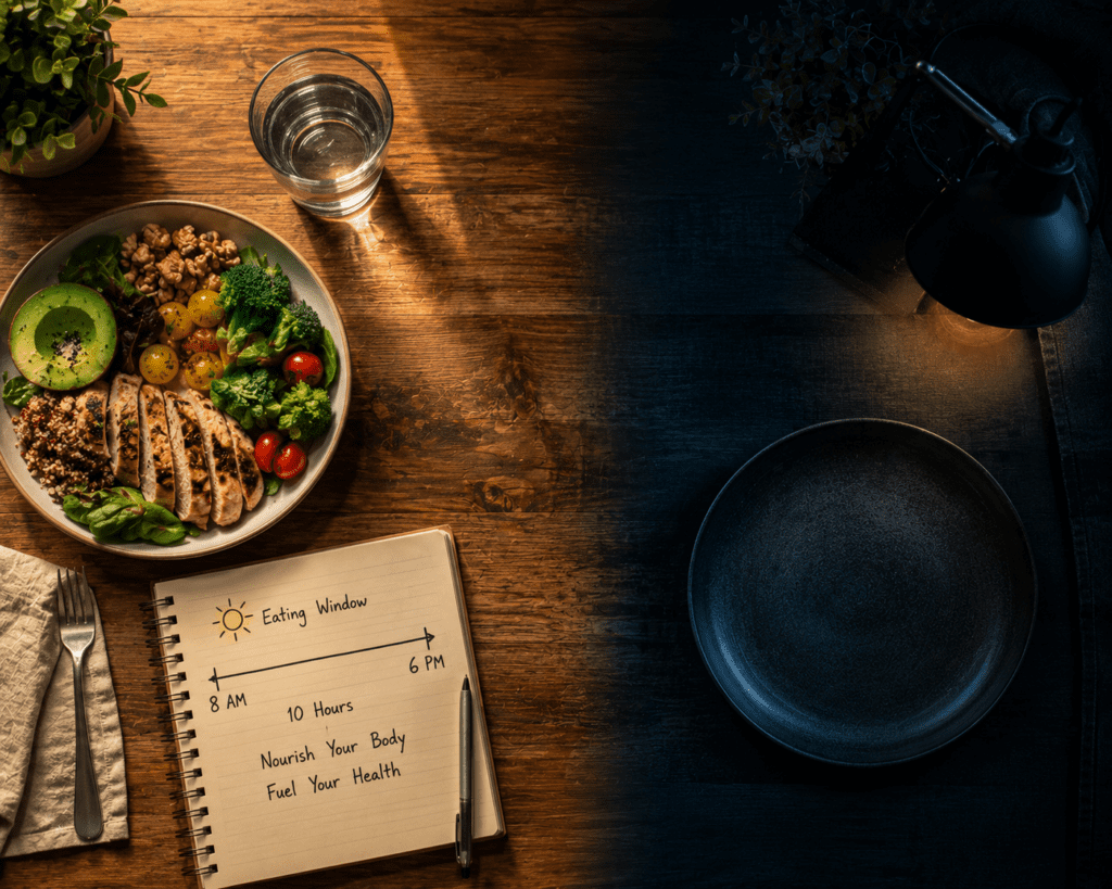 Flat-lay showing 8 to 10 hour eating window concept for metabolism
