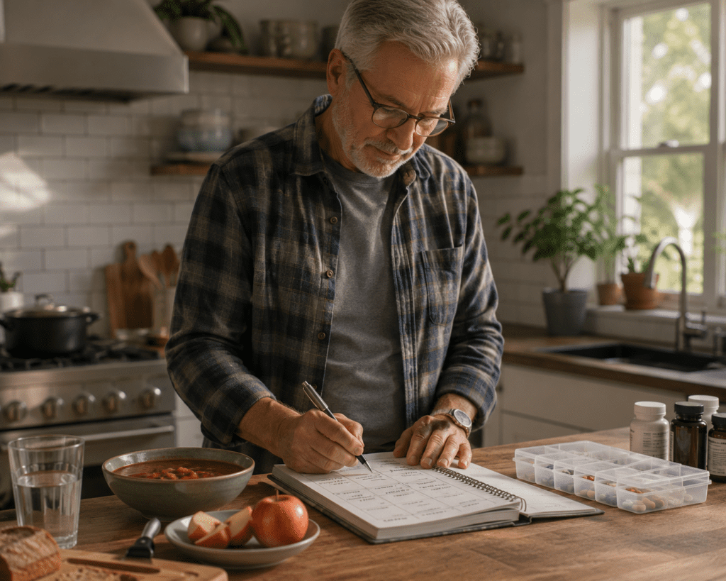 Senior man over 65 writing meal timing plan for weight loss
