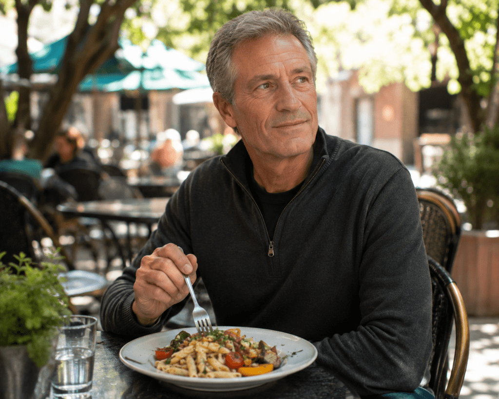 Older man pausing mid-meal recognizing fullness at outdoor cafe
