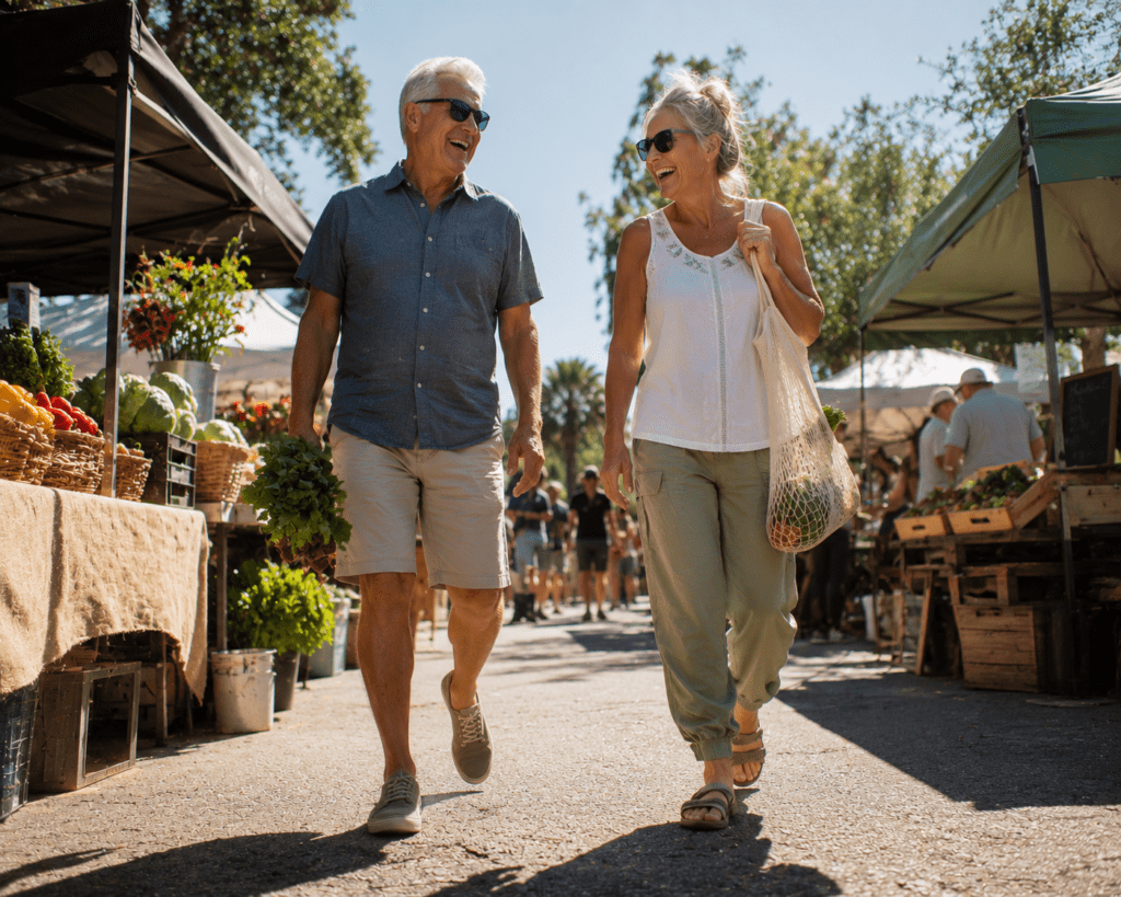 Active couple over 60 enjoying farmers market embodying mindful eating lifestyle
