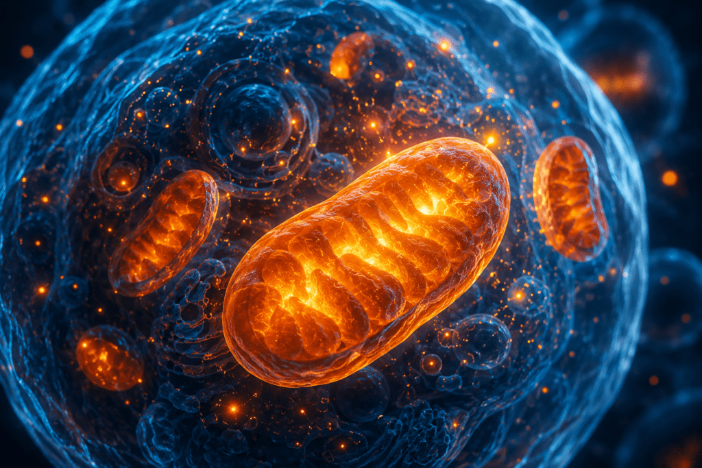 Glowing mitochondria illustrating NAD+ energy production in human cells
