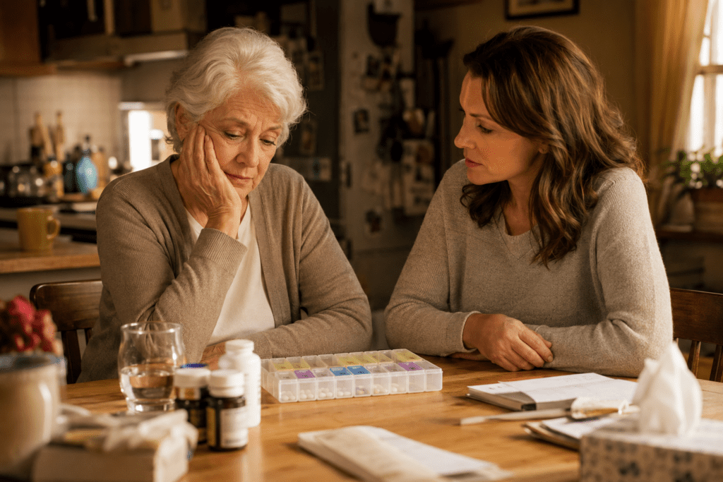 Elderly mother and adult daughter reviewing pill organizer at kitchen table together