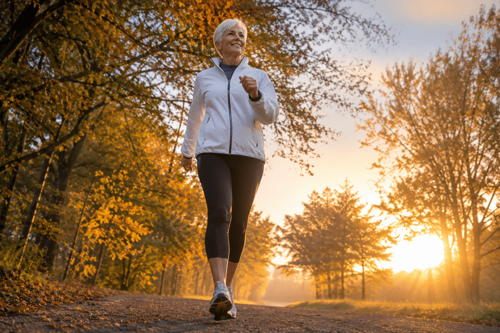 Energetic woman in early 60s walking trail at sunrise with vitality