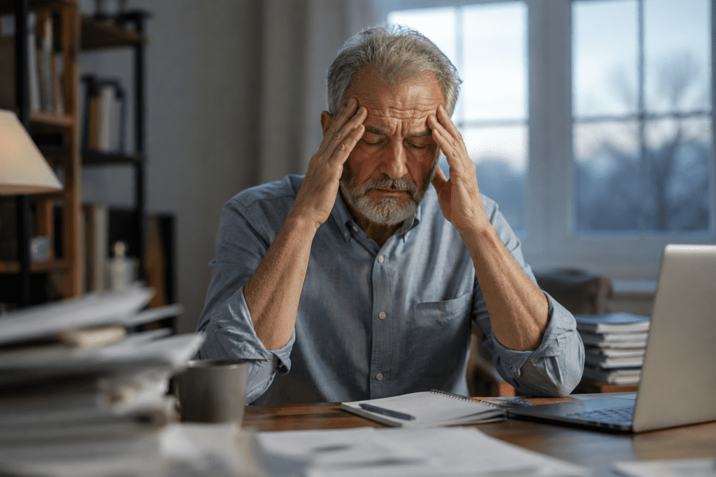 Tired man in late 60s experiencing brain fog at home office desk