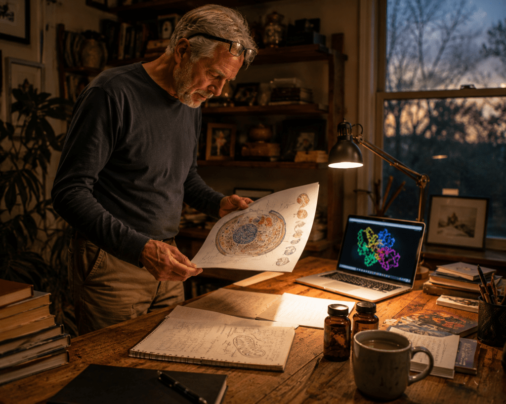Man in his 60s researching NAD+ and brain aging supplements at home desk