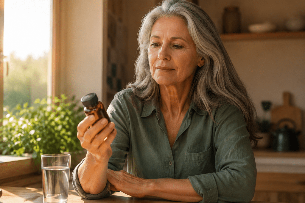 Woman in her 60s examining NAD supplement bottle at sunny kitchen counter