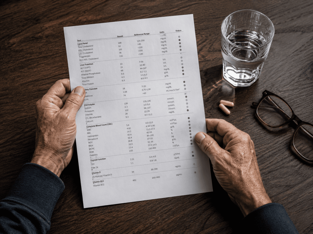 Older man's hands reviewing lab results beside NAD supplement capsules on desk