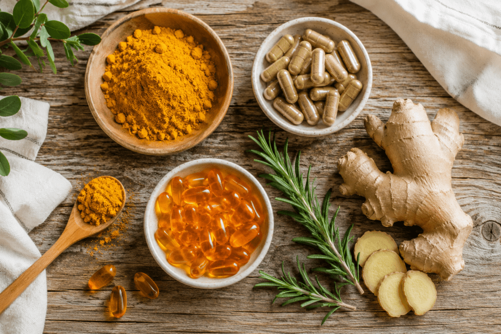 Flat lay of natural anti-inflammatory supplements including turmeric, fish oil, and boswellia