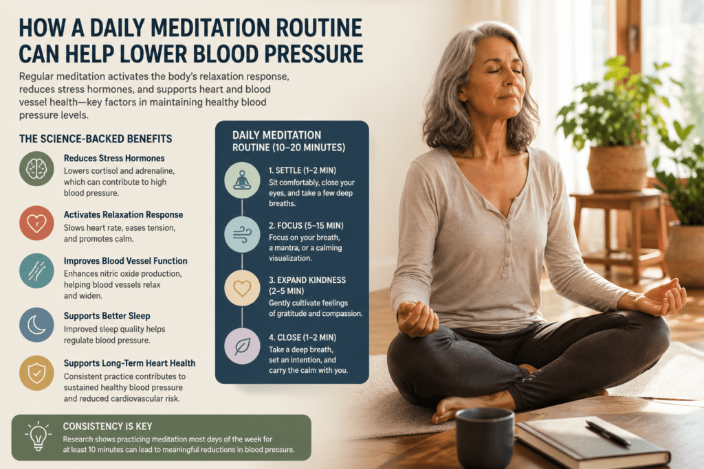 Active couple over 60 combining meditation and lifestyle habits for blood pressure