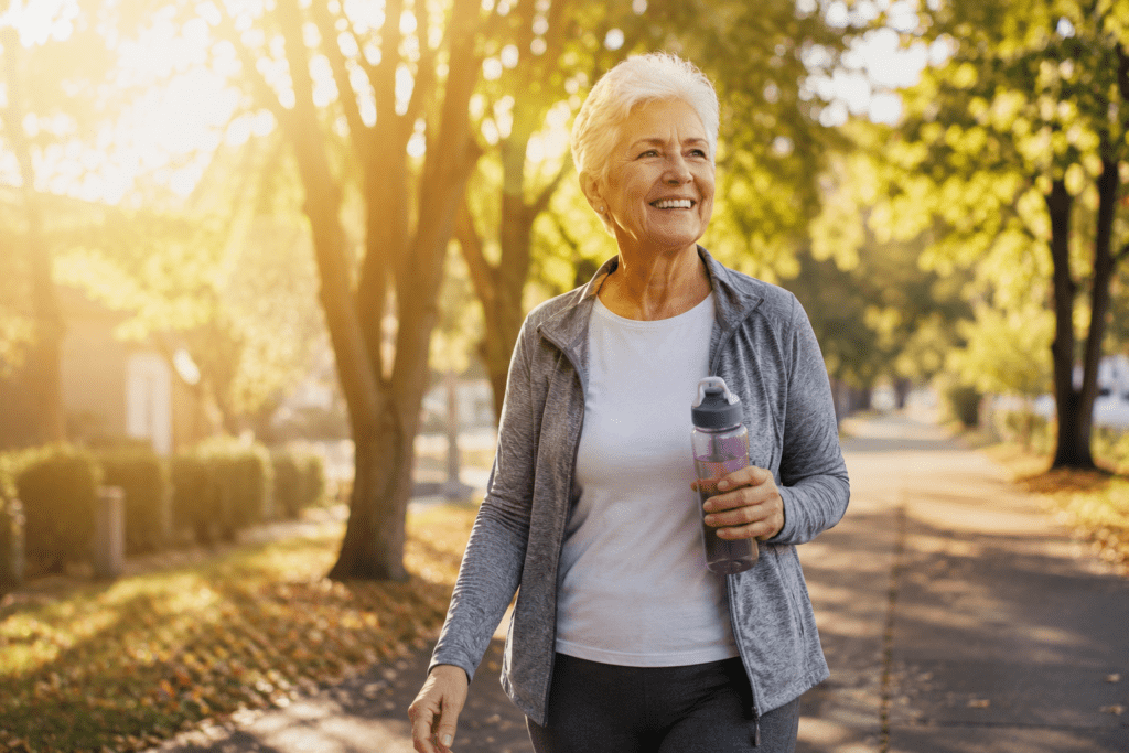 Energetic senior woman walking outdoors on park trail after managing type 2 diabetes naturally