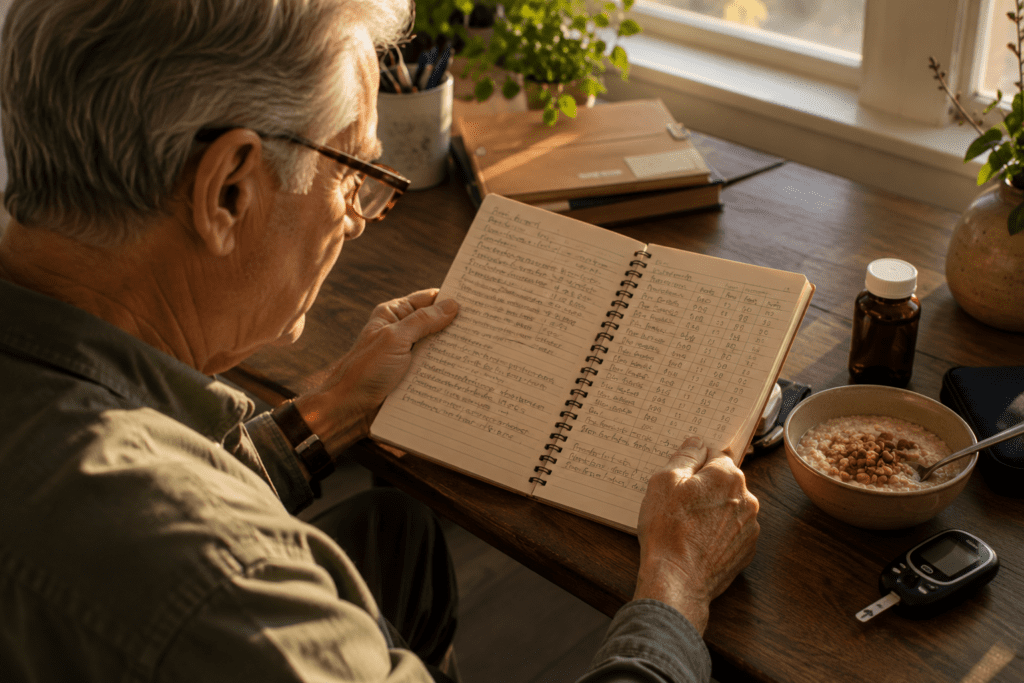 Older man tracking blood sugar with food log and glucose monitor at home desk