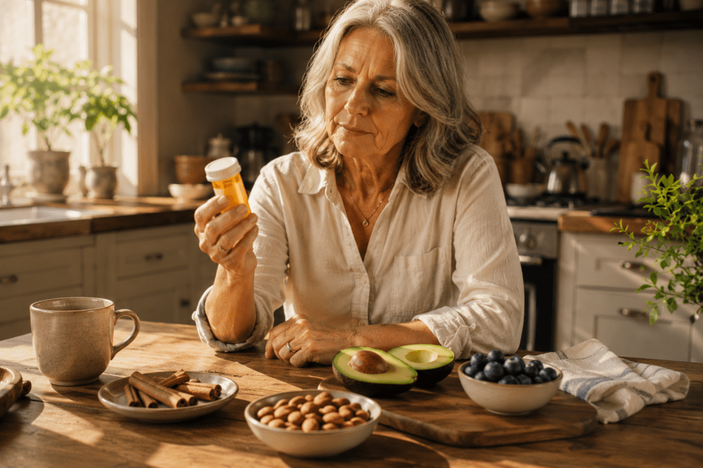 Older woman discussing natural blood sugar management risks with her doctor in clinic