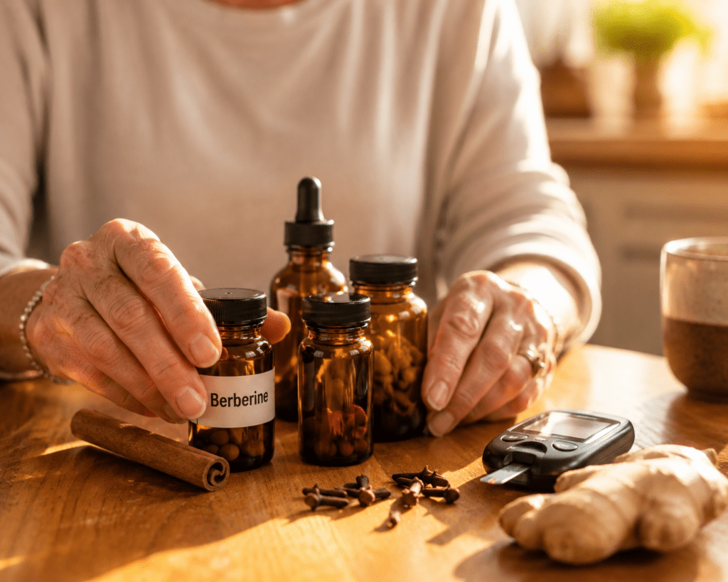 older woman's hands arranging natural blood sugar supplements with glucometer on kitchen table