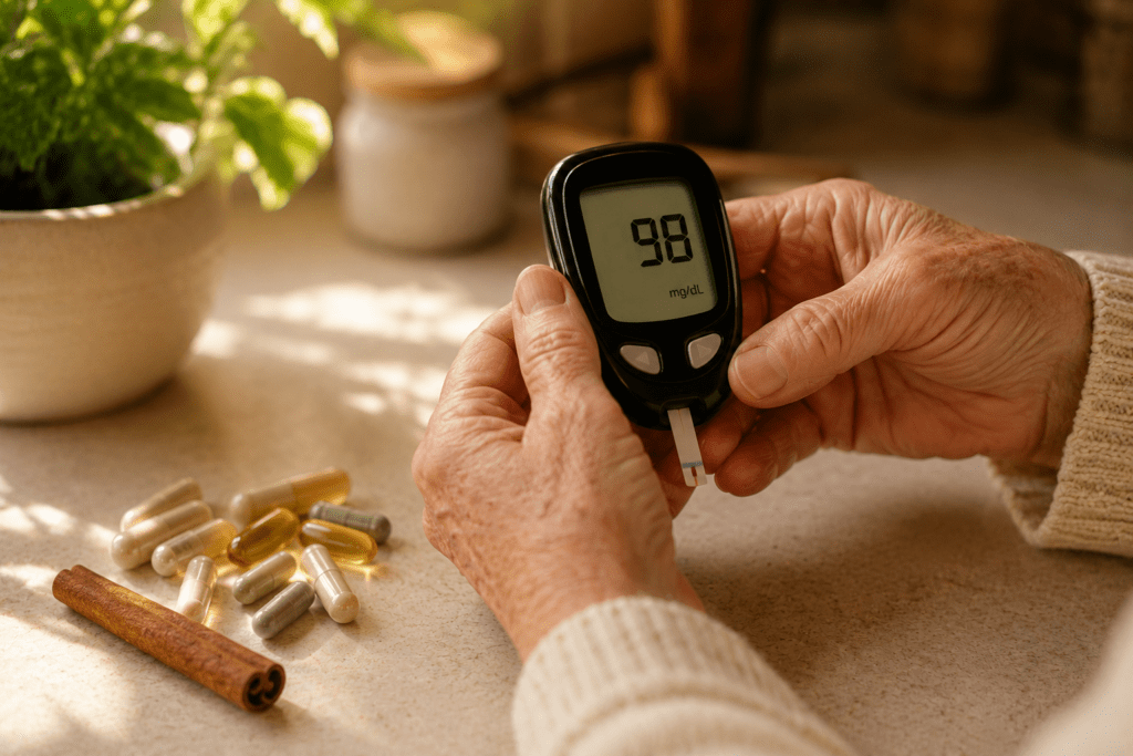 Senior woman's hands holding glucometer with good reading beside natural supplements