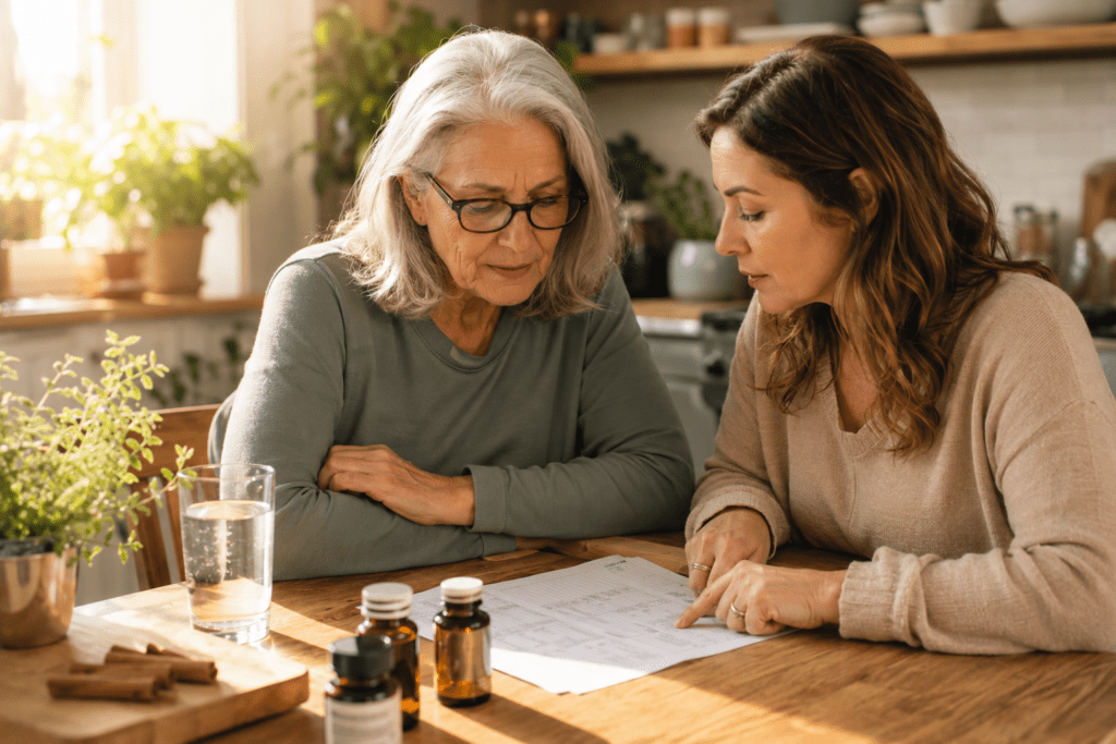 Older woman and daughter reviewing lab results with natural blood sugar supplements on kitchen table