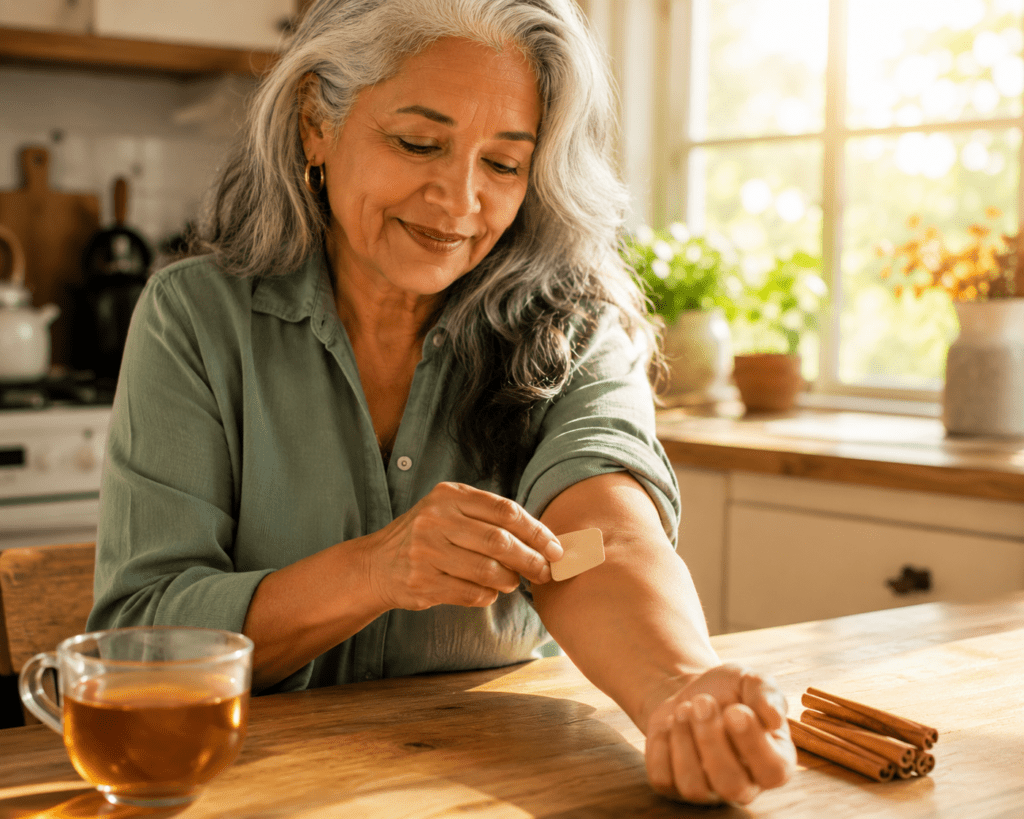 older woman applying transdermal patch for natural blood sugar support