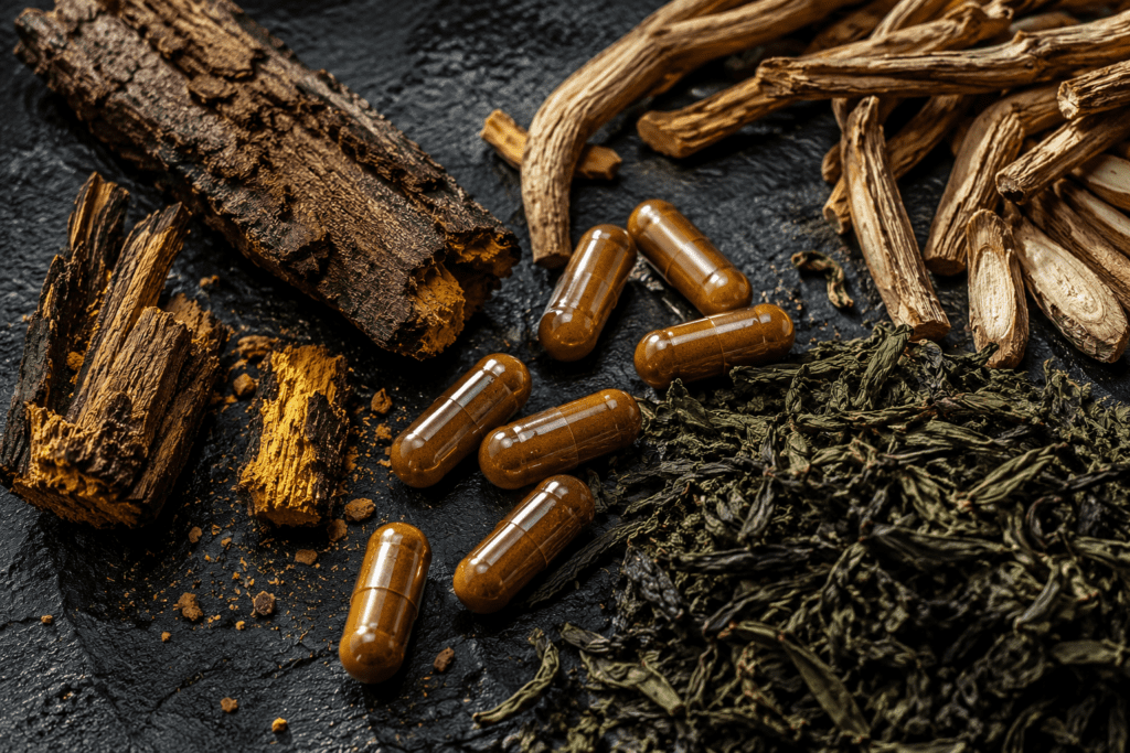 Flat lay of natural fat burning botanicals including berberine and ashwagandha roots
