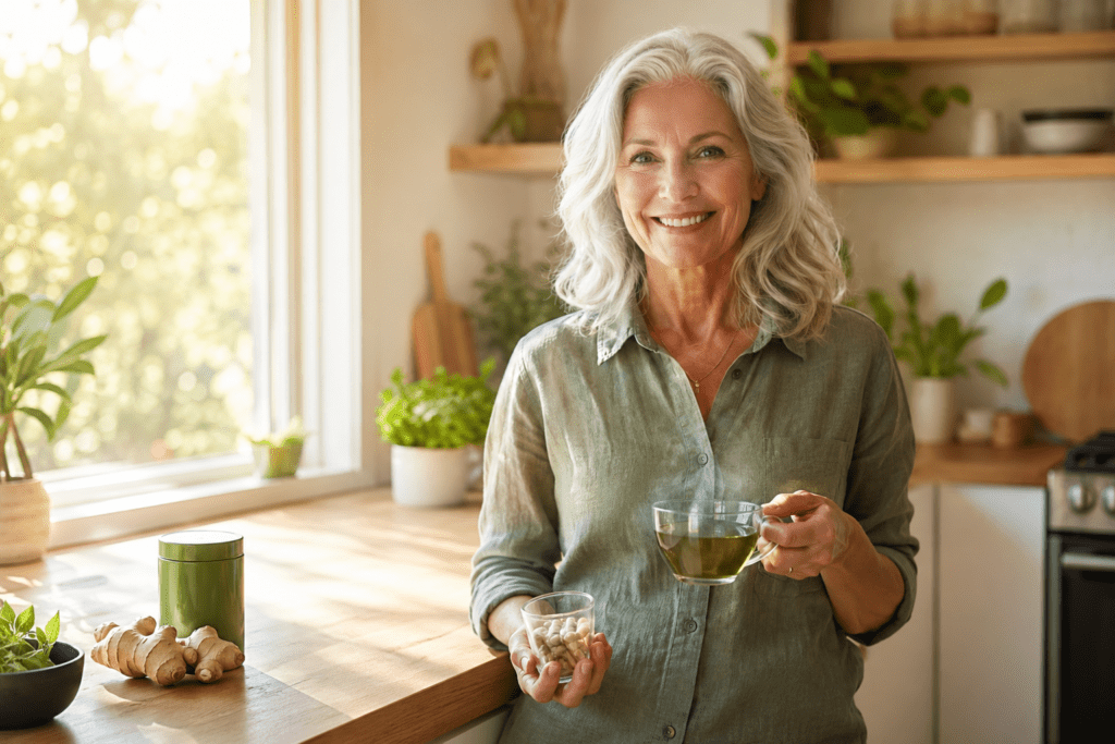 Woman in her 60s holding natural fat burner supplements and green tea