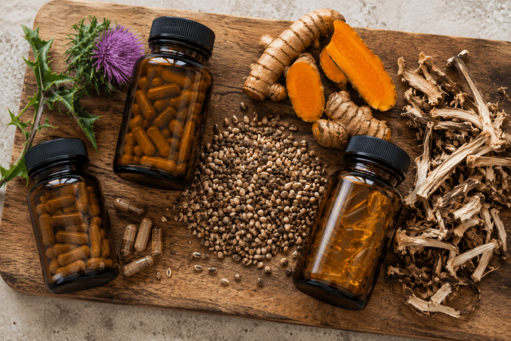 Natural liver detox supplements with milk thistle seeds and turmeric root on wood board