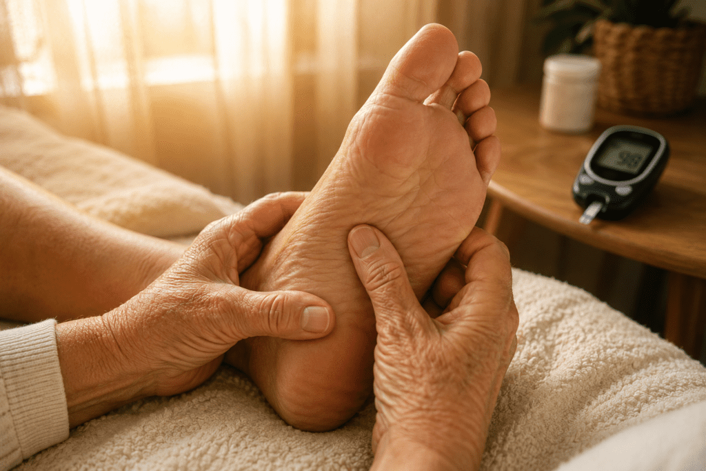 Elderly hands massaging foot for diabetic neuropathy pain relie