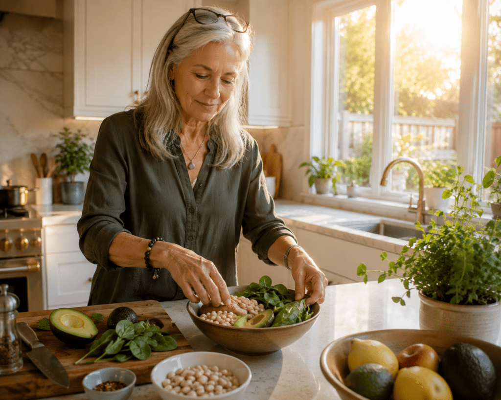Woman over 60 preparing high-potassium foods to manage hypertension naturally