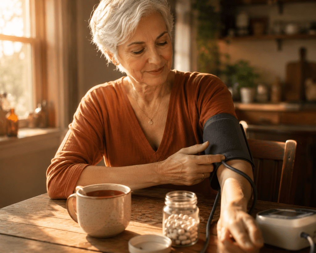 Older woman checking blood pressure beside hibiscus tea and magnesium supplements