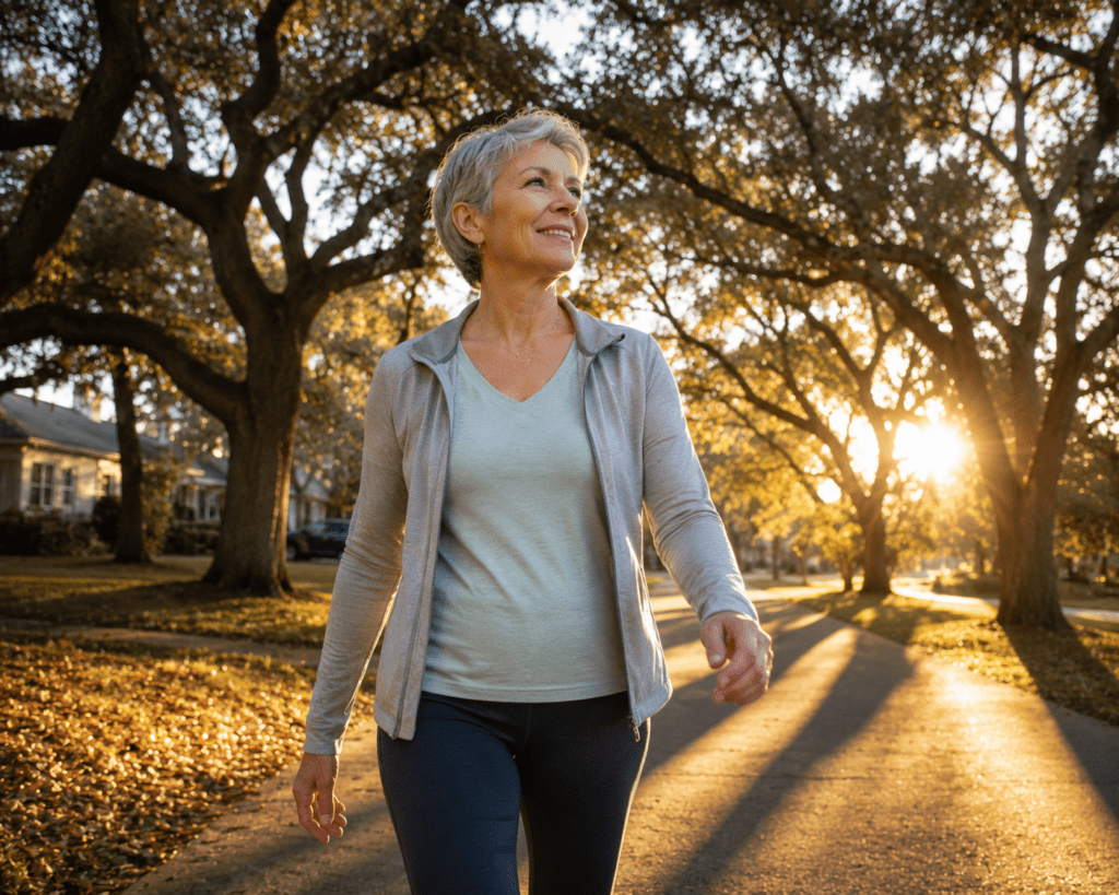 Energetic woman in her late 50s walking outdoors after overcoming chronic fatigue
