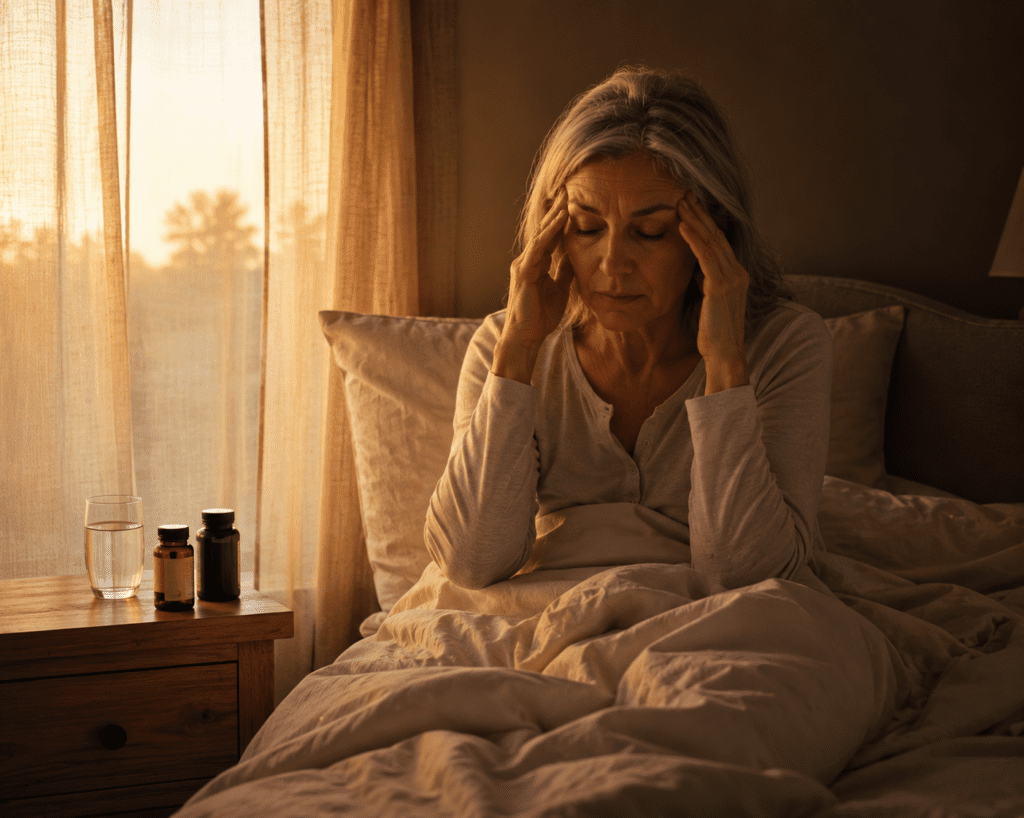 Woman in her 60s sitting in bed exhausted from chronic fatigue at dawn
