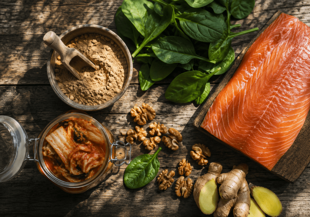 Natural metabolism-boosting foods including salmon ashwagandha spinach and kimchi