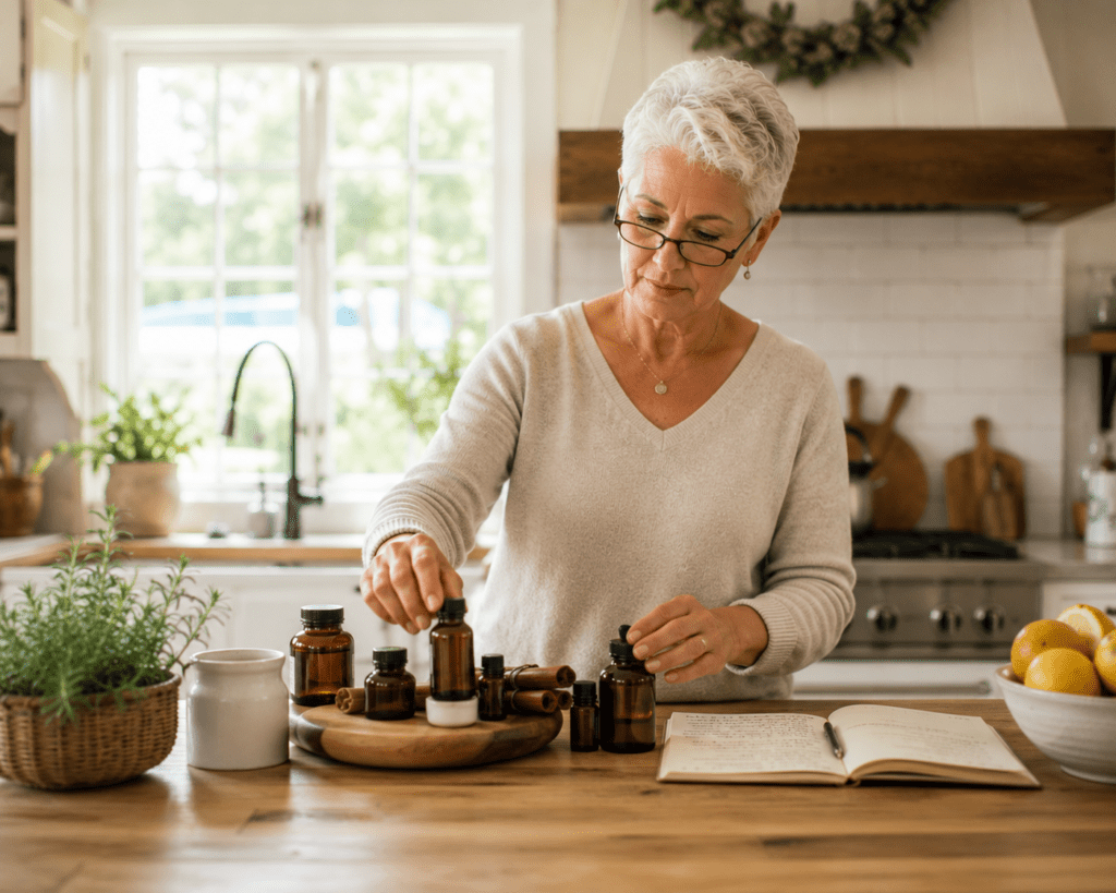 Older woman arranging natural supplements for blood sugar management at home
