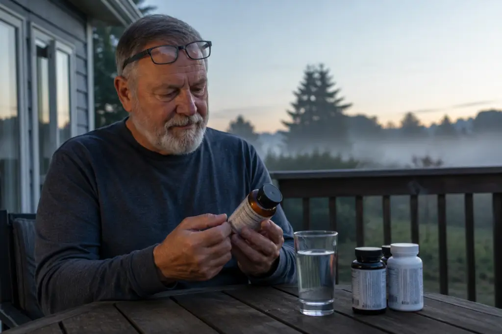 Confident older woman applying berberine patch outdoors to lower HbA1c naturally