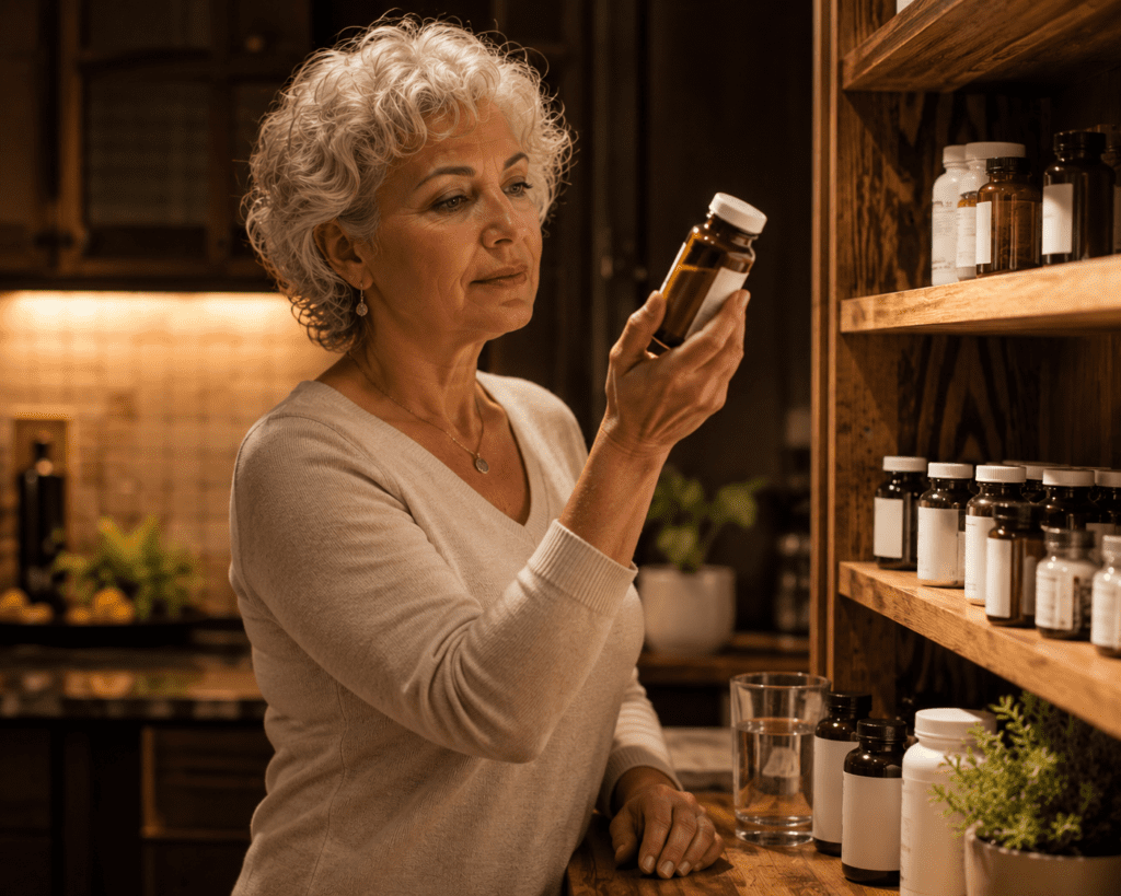 Senior woman reading supplement label for blood sugar support on keto
