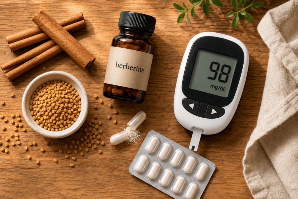 Natural supplements for prediabetes arranged beside a glucose meter showing normal reading