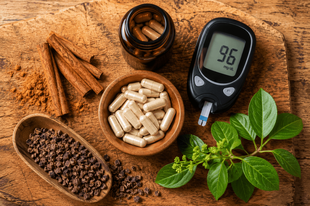 Natural supplements for sugar cravings including cinnamon, chromium capsules, and glucose meter