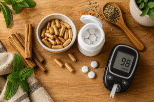 Natural supplements for insulin sensitivity arranged with glucose meter on wooden surface