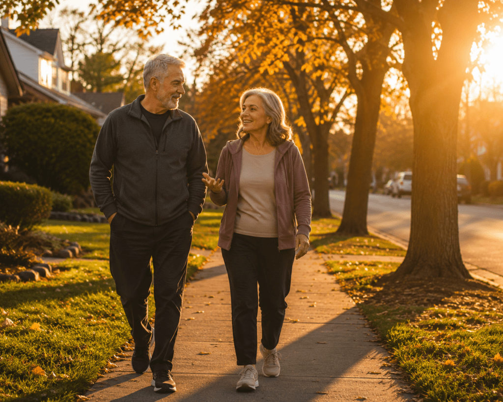 Senior couple taking an evening walk to help stabilize blood sugar after meals