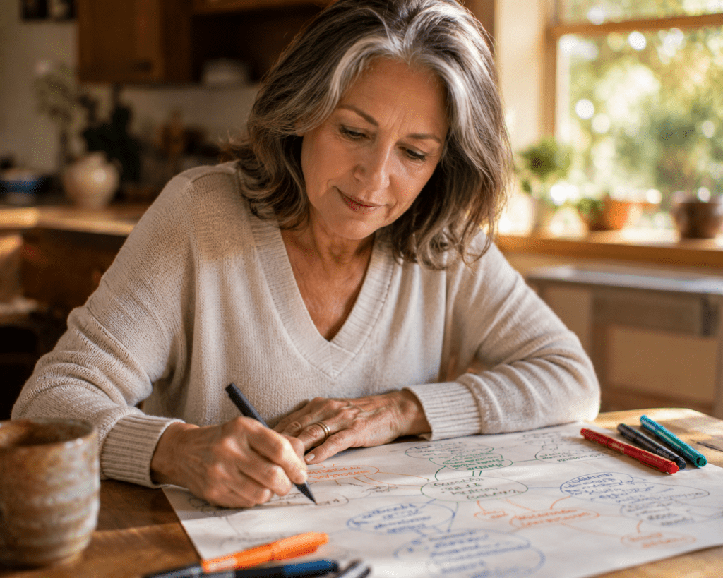 Woman in her 60s doing neuroplasticity exercises with colorful mind-map