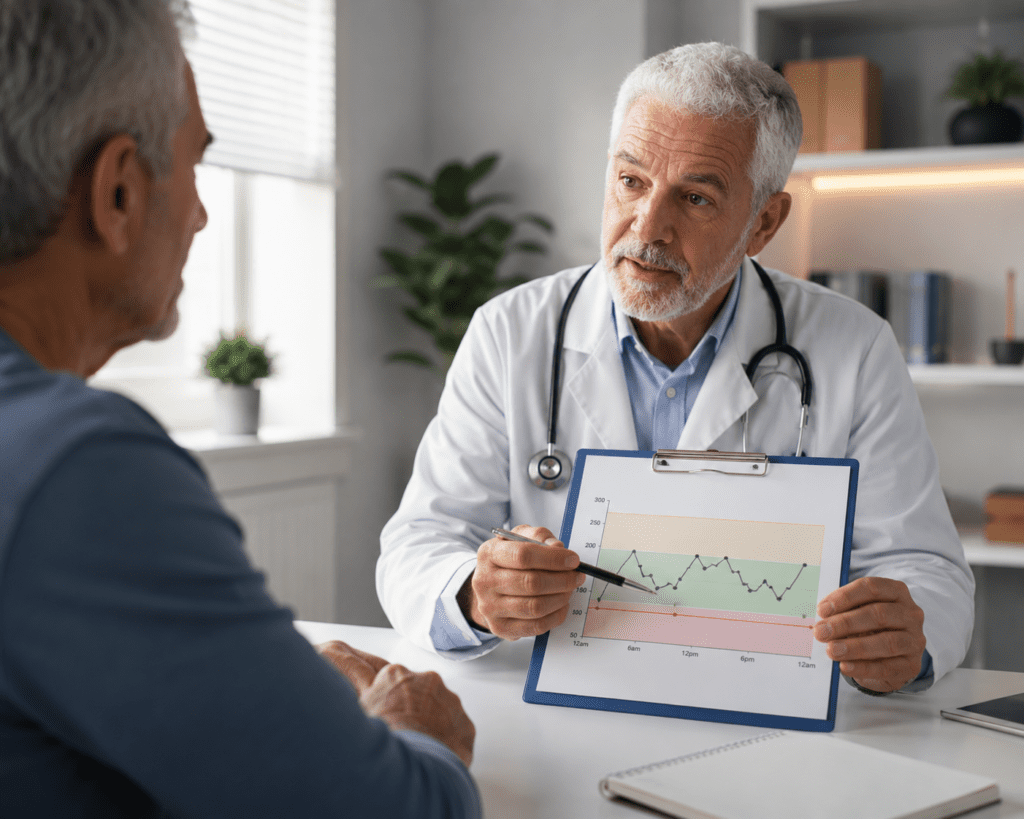 Doctor explaining normal blood sugar levels chart to senior patient