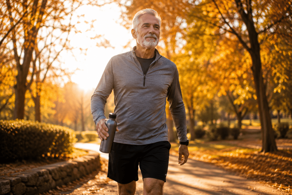Fit man in his late 60s walking outdoors after high-protein diet success
