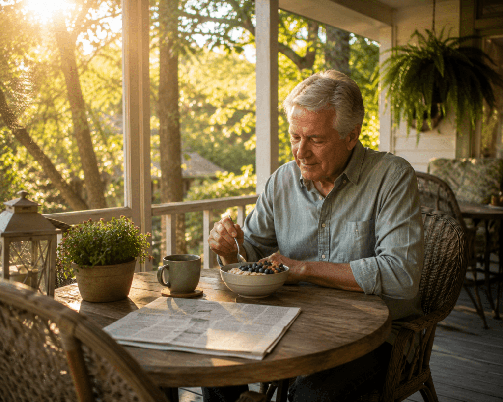 Man in his late 60s eating brain-healthy blueberry walnut breakfast at home
