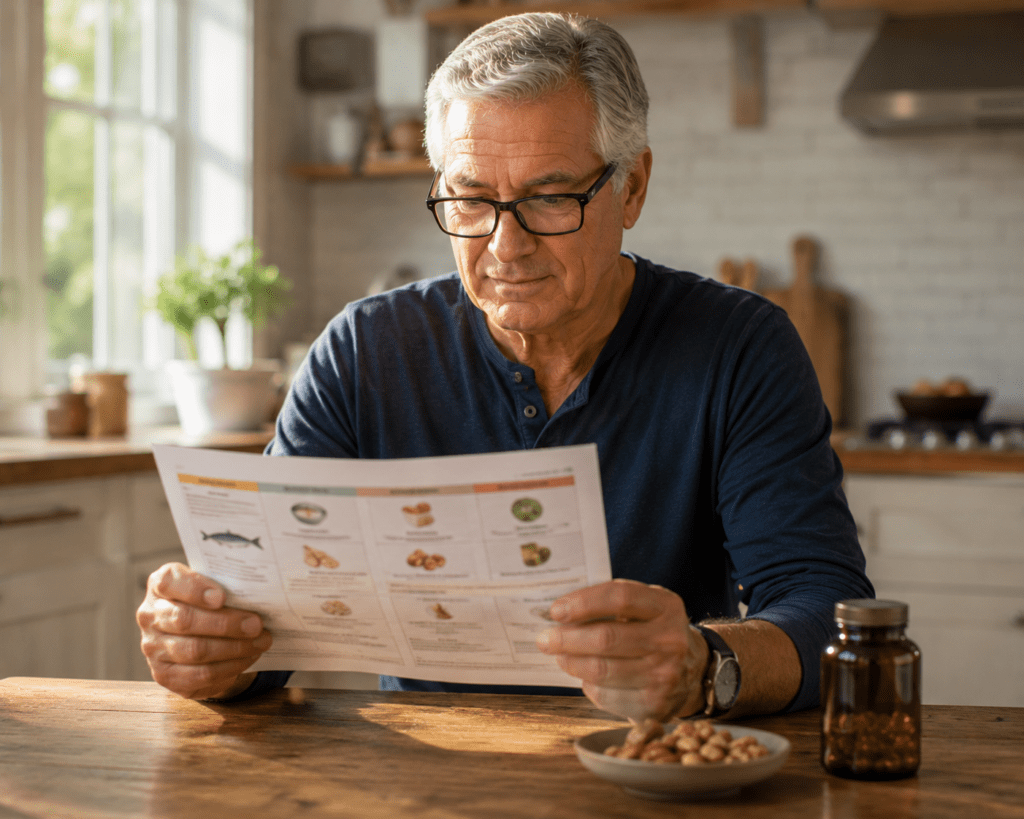 Older man reviewing blood pressure health chart with omega-3 supplements nearby