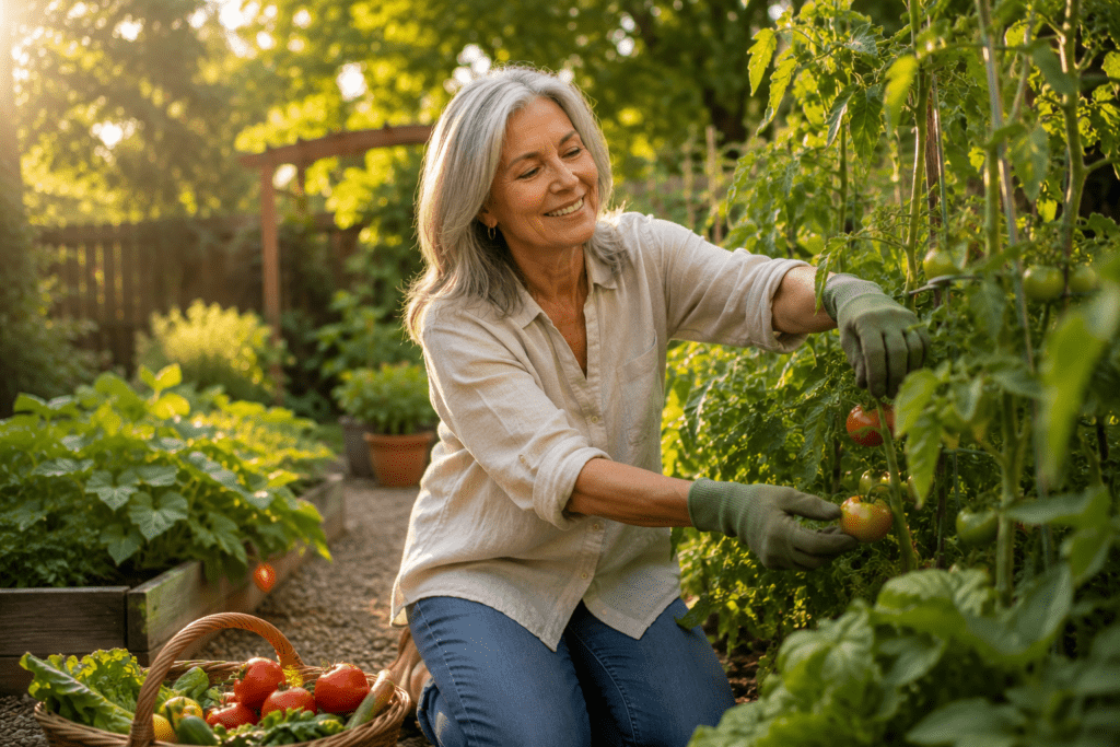 Active woman in her 60s gardening comfortably outdoors demonstrating joint mobility