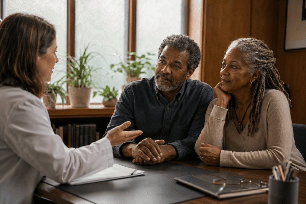 Older couple in doctor consultation discussing omega-3 and blood pressure management
