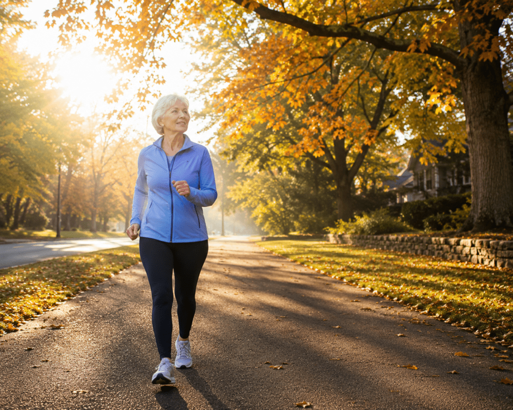 Active older woman walking outdoors supporting heart and blood pressure health
