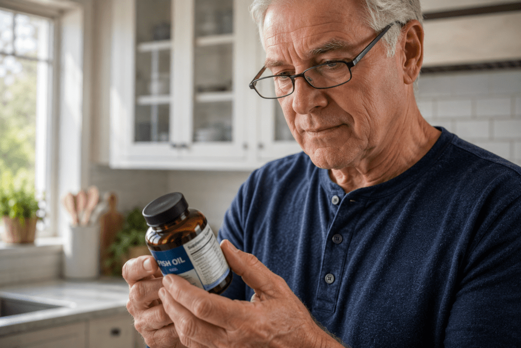 Senior man in his 60s carefully reading omega-3 fish oil supplement label at home
